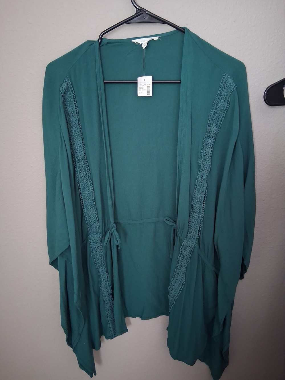 NWT Maurices Teal Lace-Trim Open Front Kimono